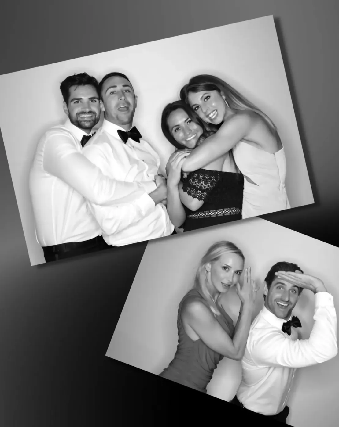 Black-and-white wedding photo booth prints of guests in formalwear