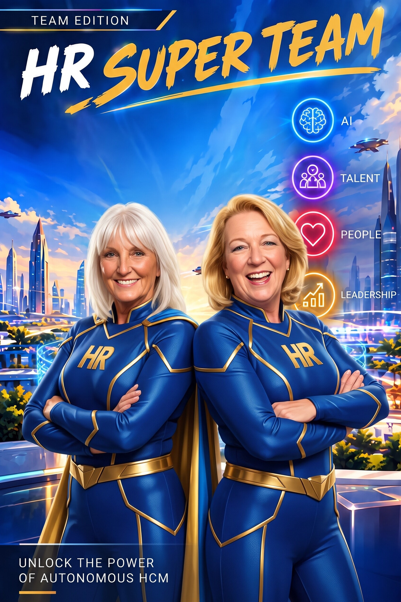 The same two guests transformed by the AI Photo Booth into a branded HR Super Team movie poster
