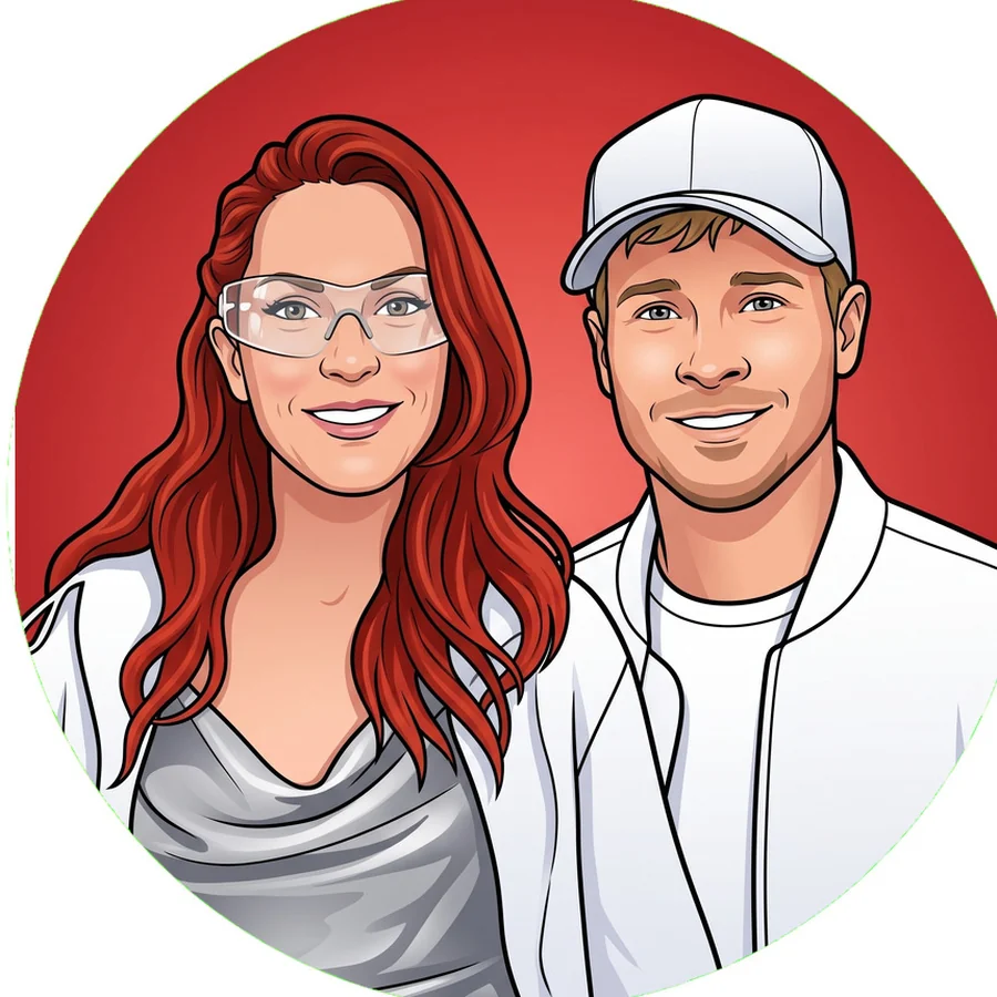 Custom photo button mockup with an illustrated portrait of two guests