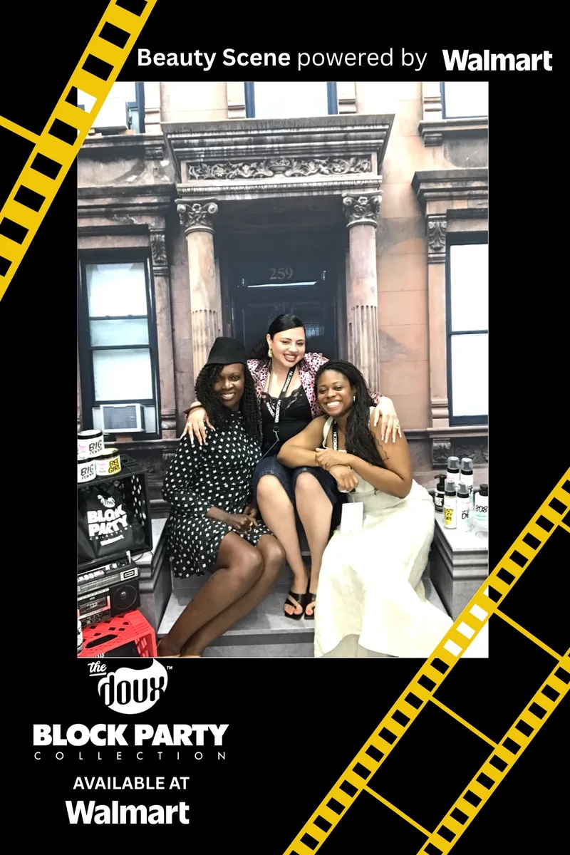 Three guests seated on the stoop backdrop with Block Party product styling