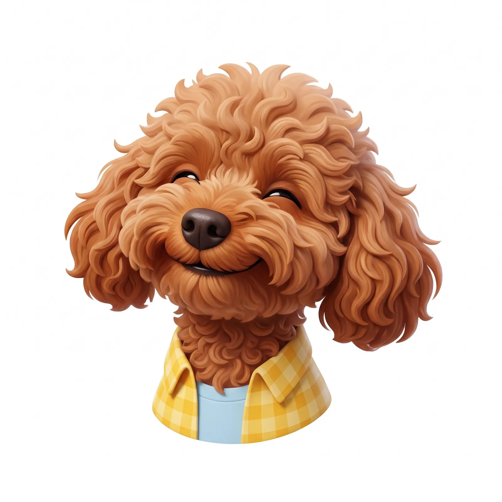 An AI illustration of a smiling, curly-haired poodle wearing a yellow gingham shirt over a light blue top.