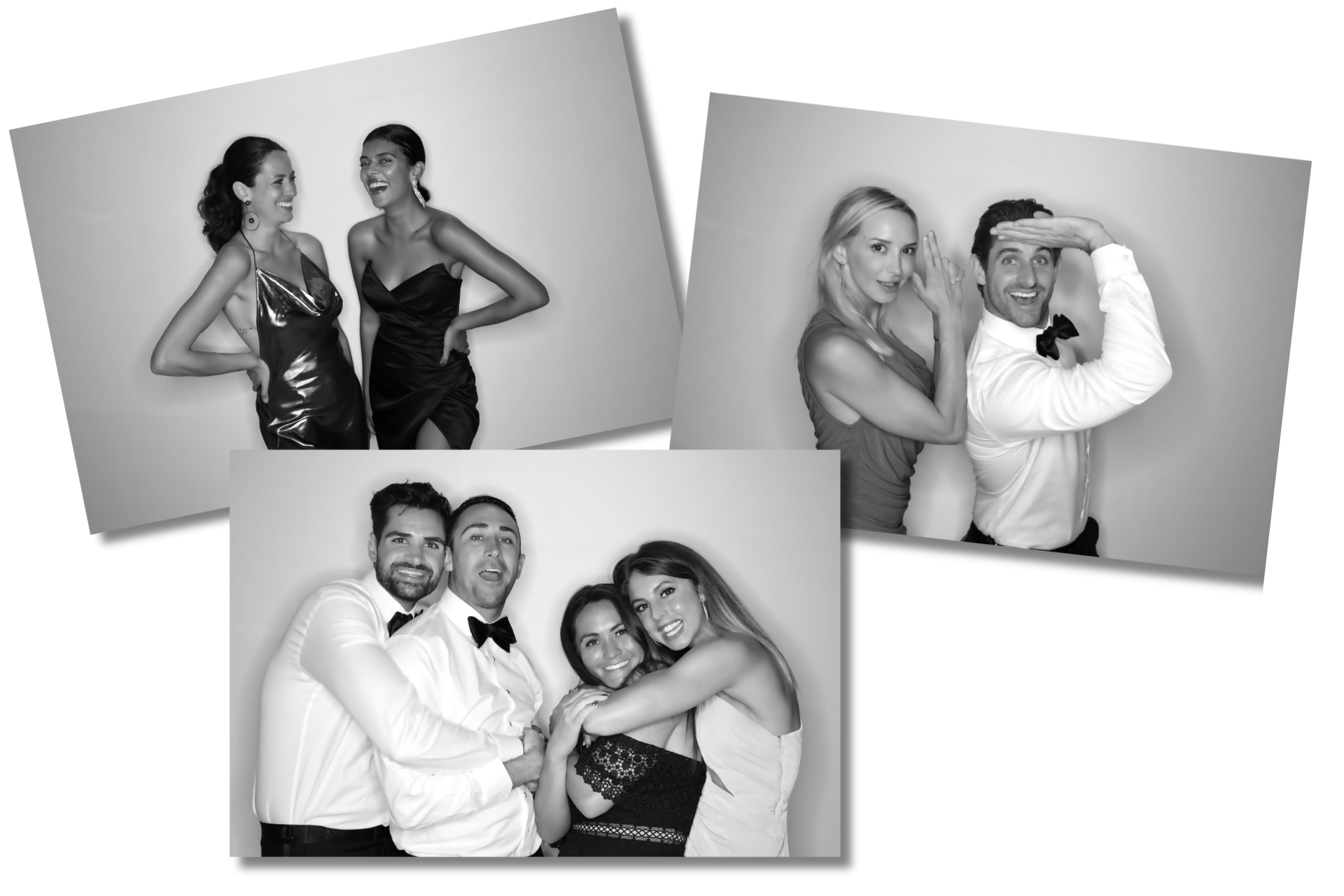 Three black and white Glam Booth prints of guests in formalwear