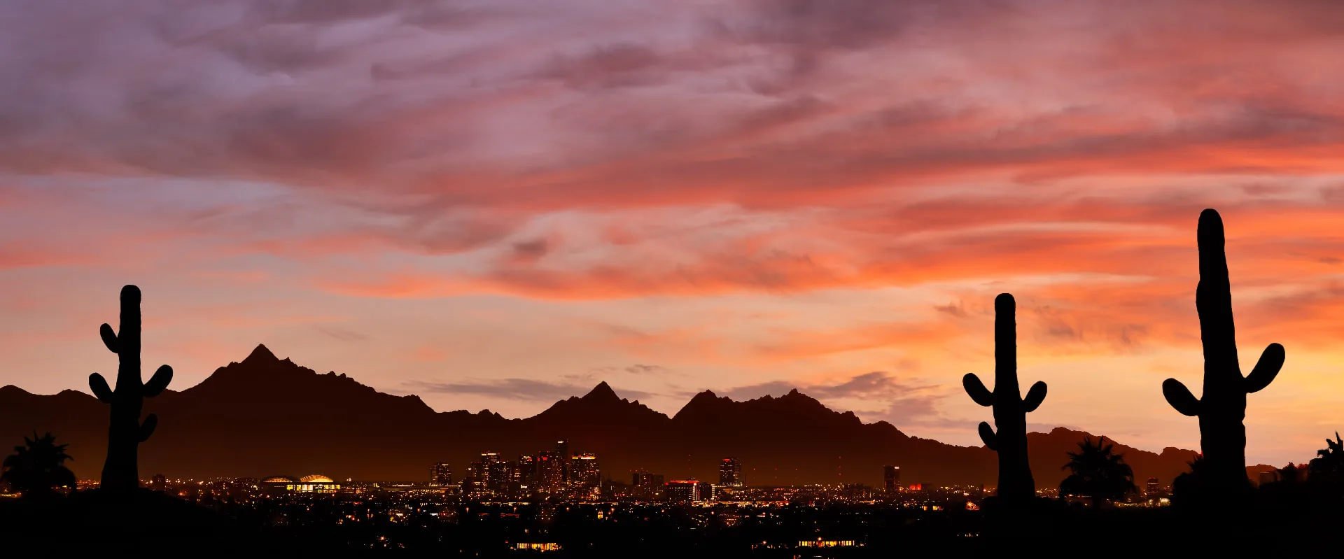 Downtown Phoenix skyline at sunset with saguaro cactus silhouettes