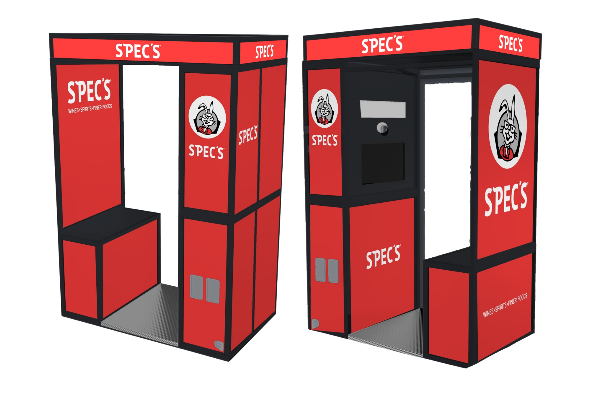 Two views of an enclosed photo booth fully wrapped in red SPEC'S artwork