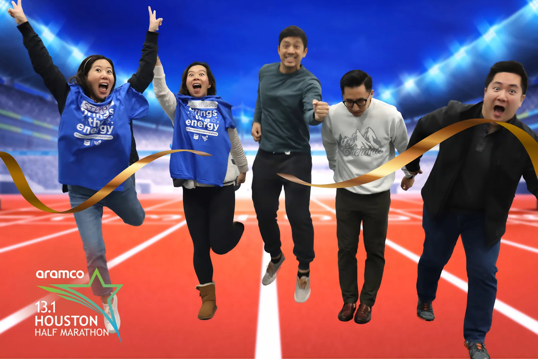 Group jumping with AI-generated Houston Half Marathon stadium backdrop