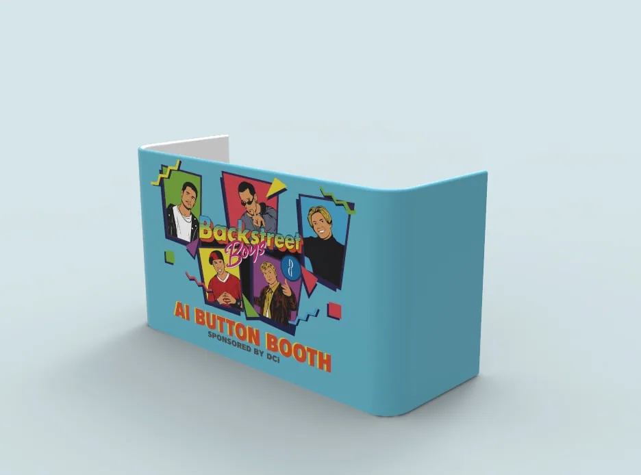 Custom branded table enclosure for an AI button booth, hiding the onsite printing production area
