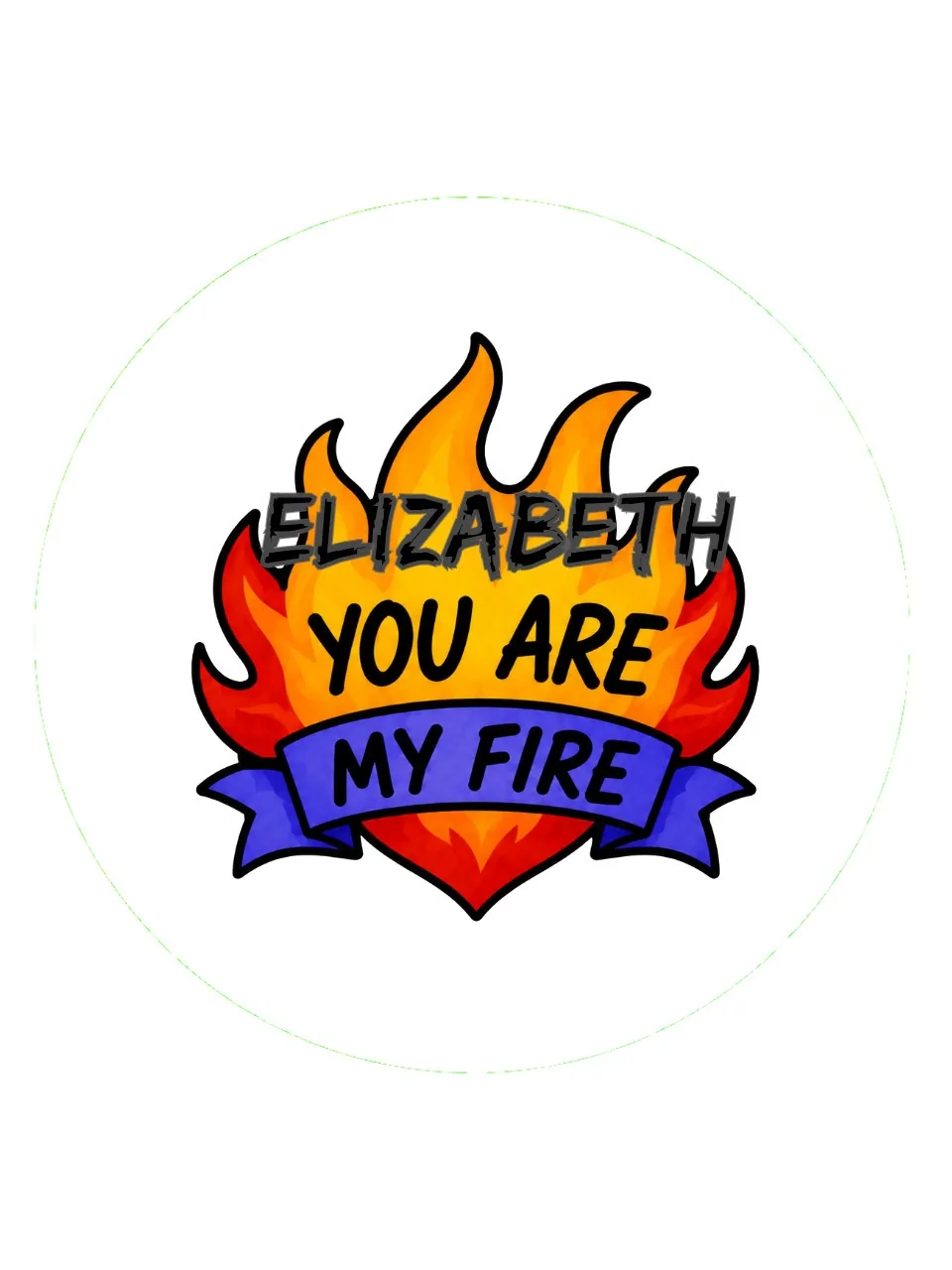 Custom photo button with personalized flame graphic and guest name