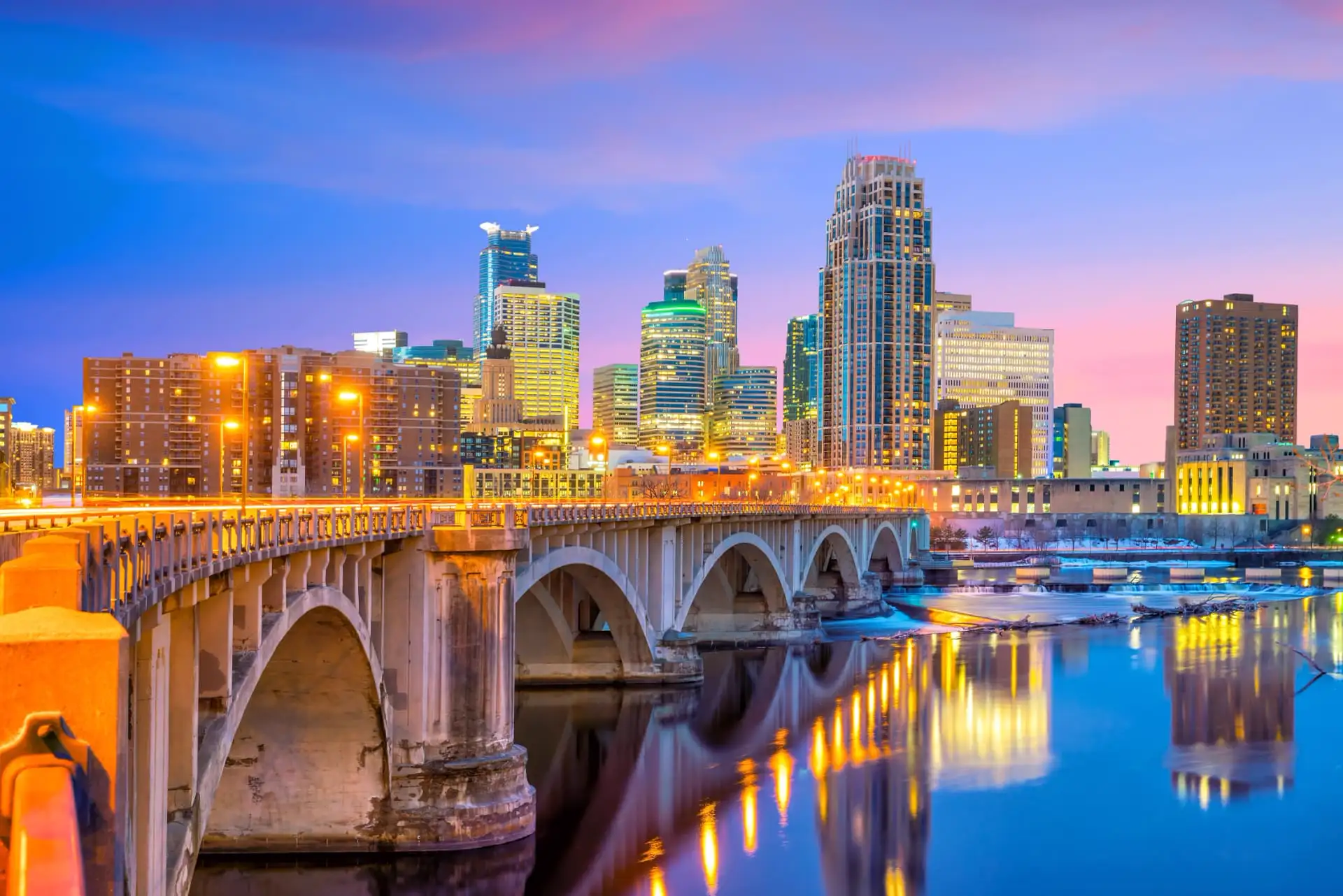 Minneapolis skyline at dusk behind the Third Avenue Bridge over the Mississippi River