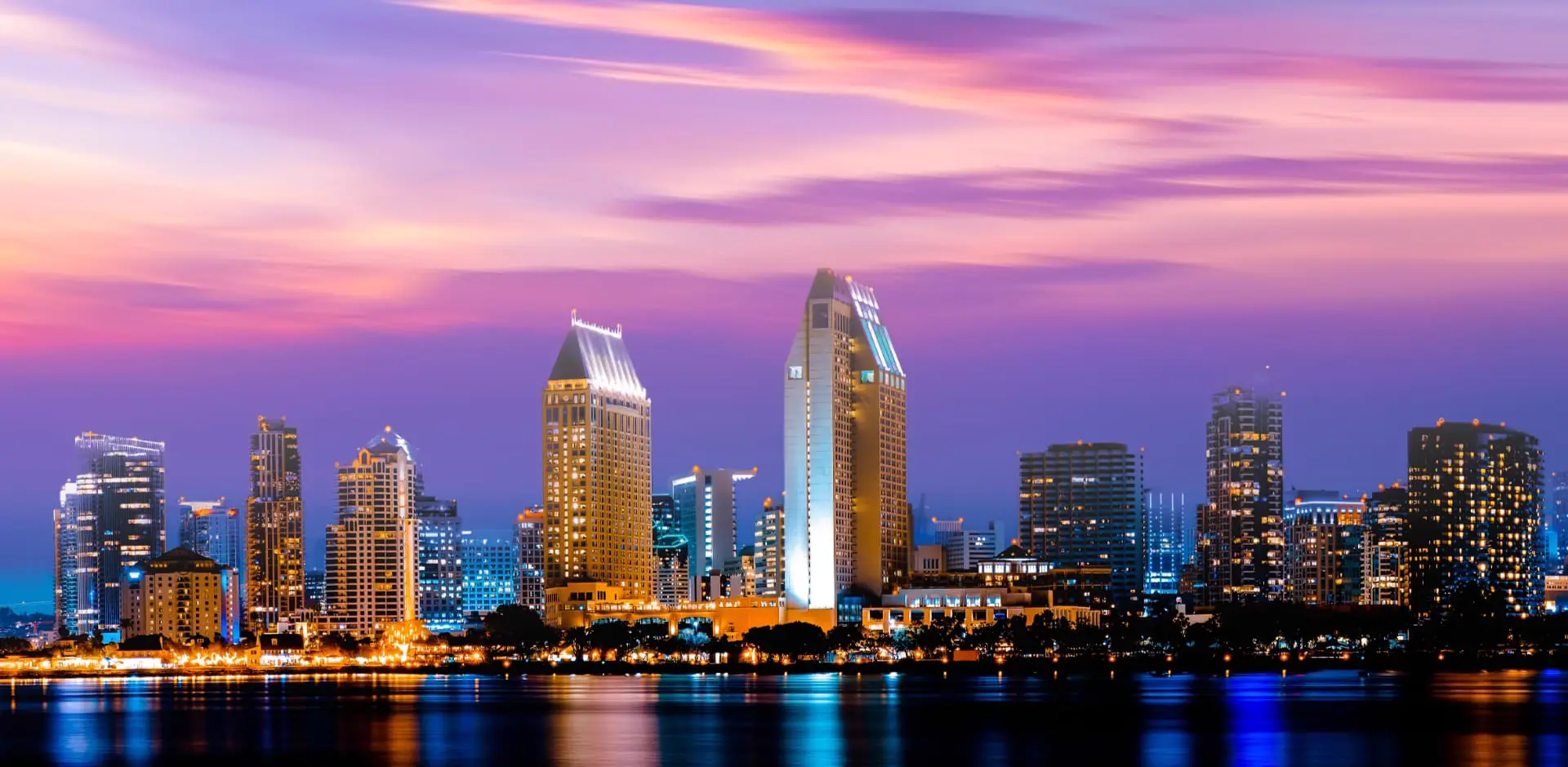 San Diego downtown skyline at twilight reflected in the bay