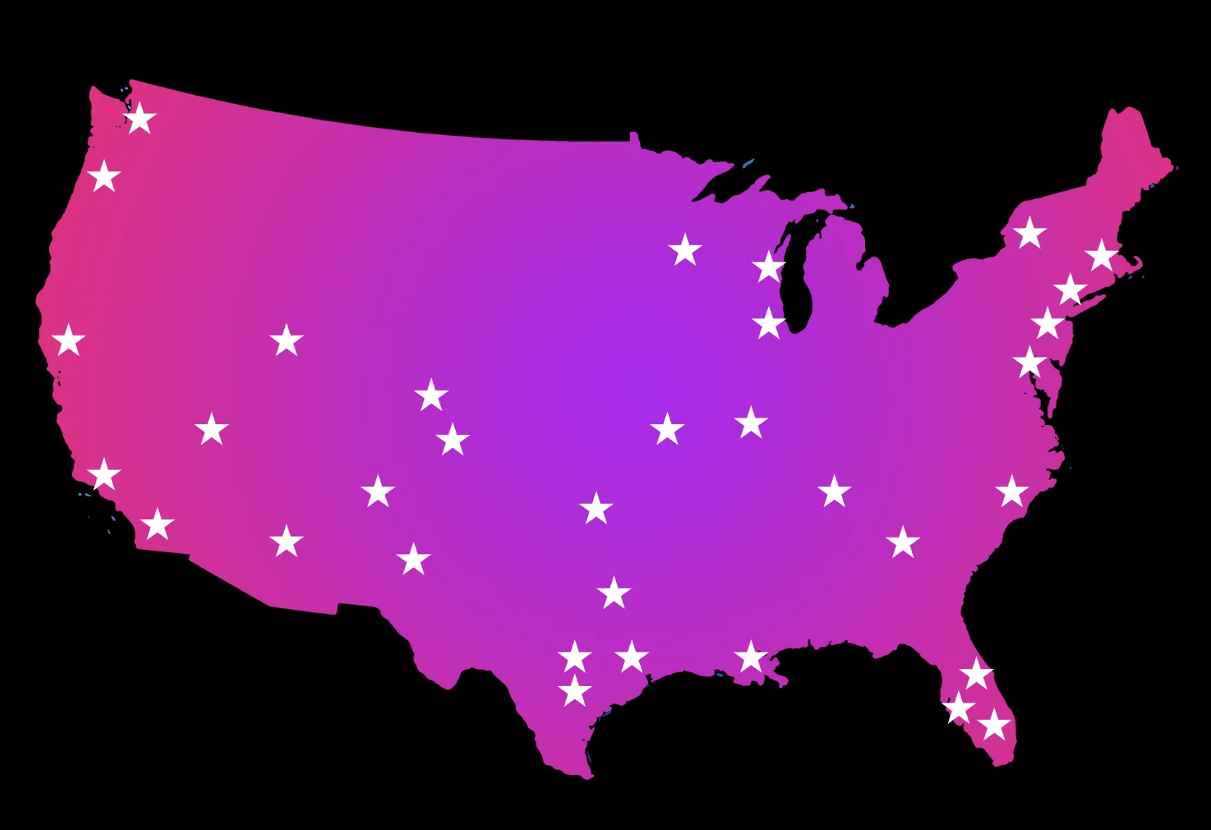 Map of the United States showing cities served by URBNevents